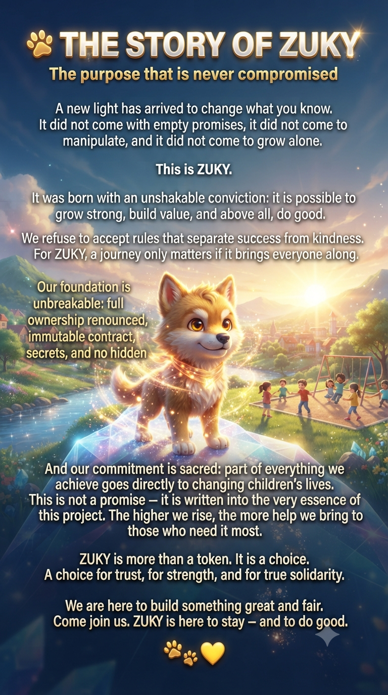 The story of ZUKY — a glowing mascot standing on a diamond bridge with children playing at sunrise